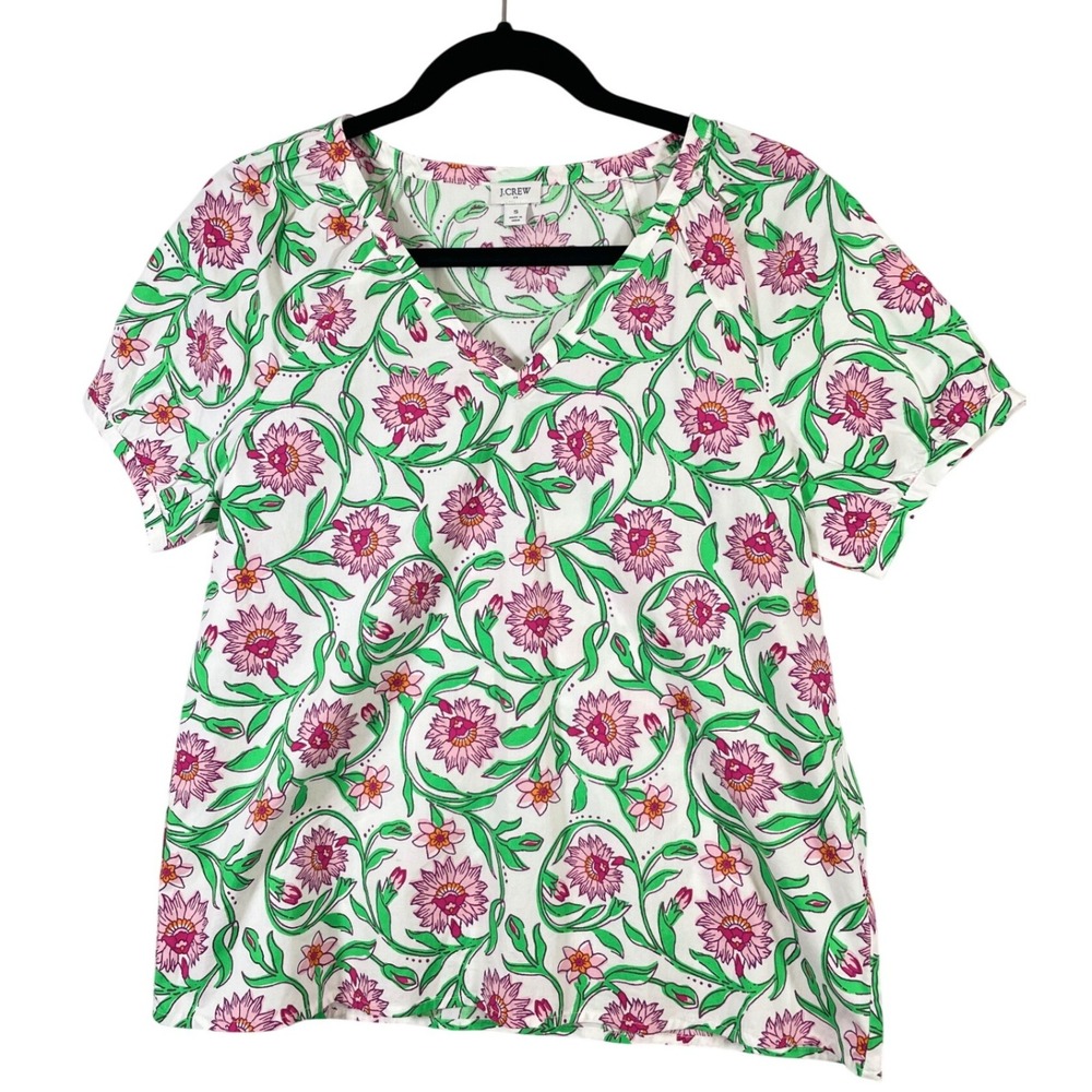 J. Crew Womens Floral Print Short Sleeve V Neck Top Size S White Pink Green